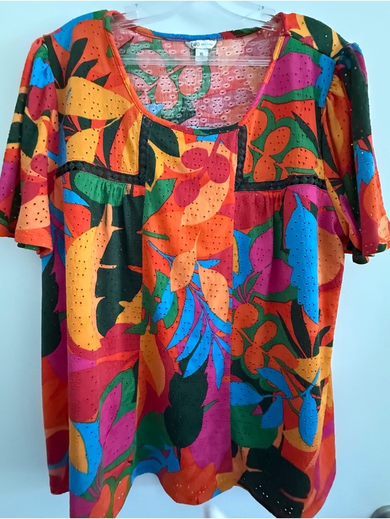 Cato Tops - Cato Multicolor Floral Eyelet Scoop Neck Top